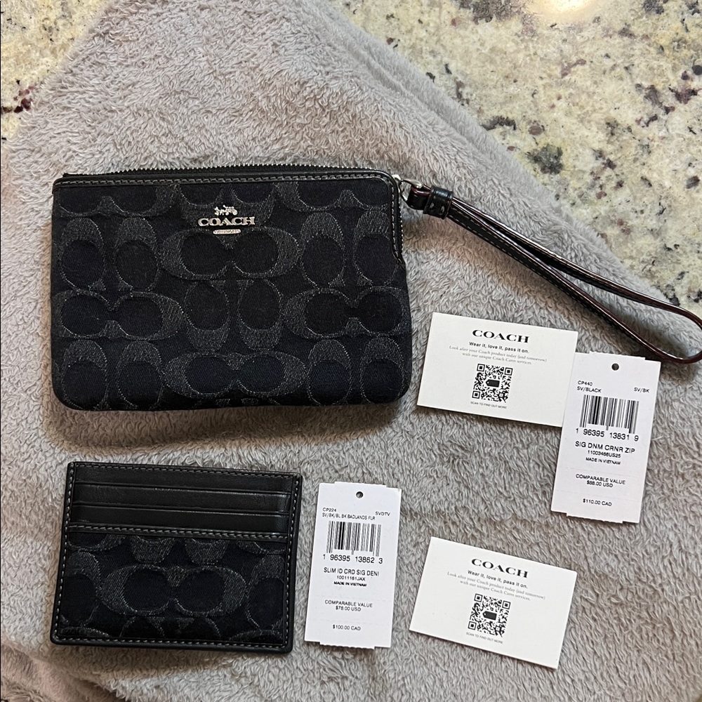 Coach corner zip wristlet and slim ID card case in signature denim